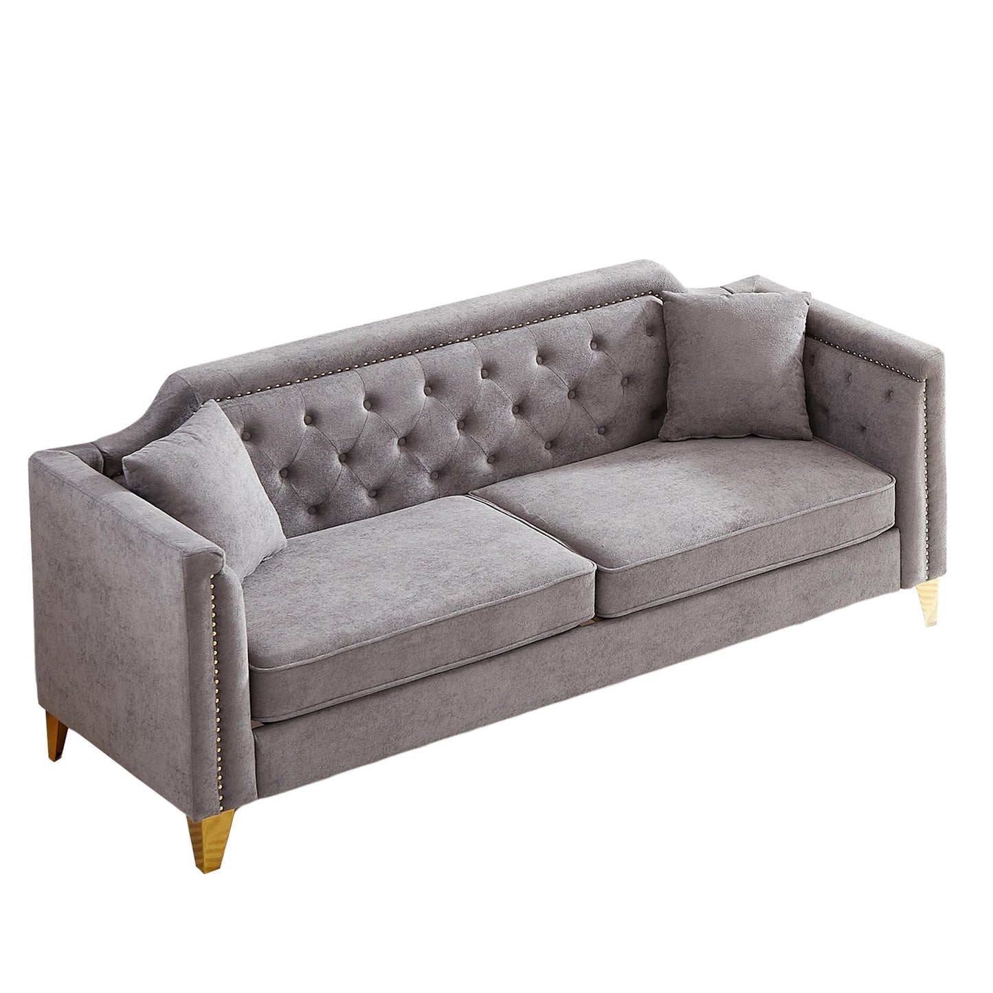 Grey Chenille 3-seater Tufted Sofa with Copper Nail Decoration