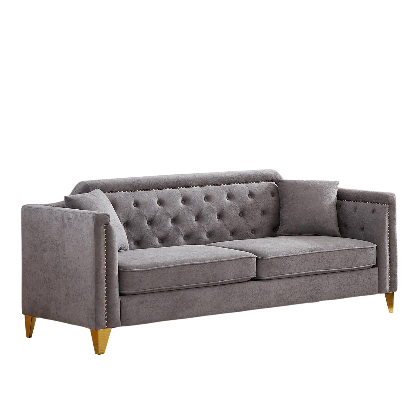 Grey Chenille 3-seater Tufted Sofa with Copper Nail Decoration