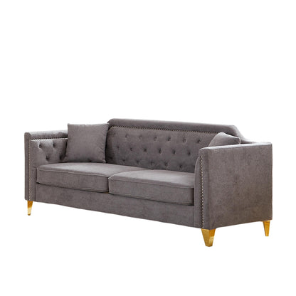 Grey Chenille 3-seater Tufted Sofa with Copper Nail Decoration