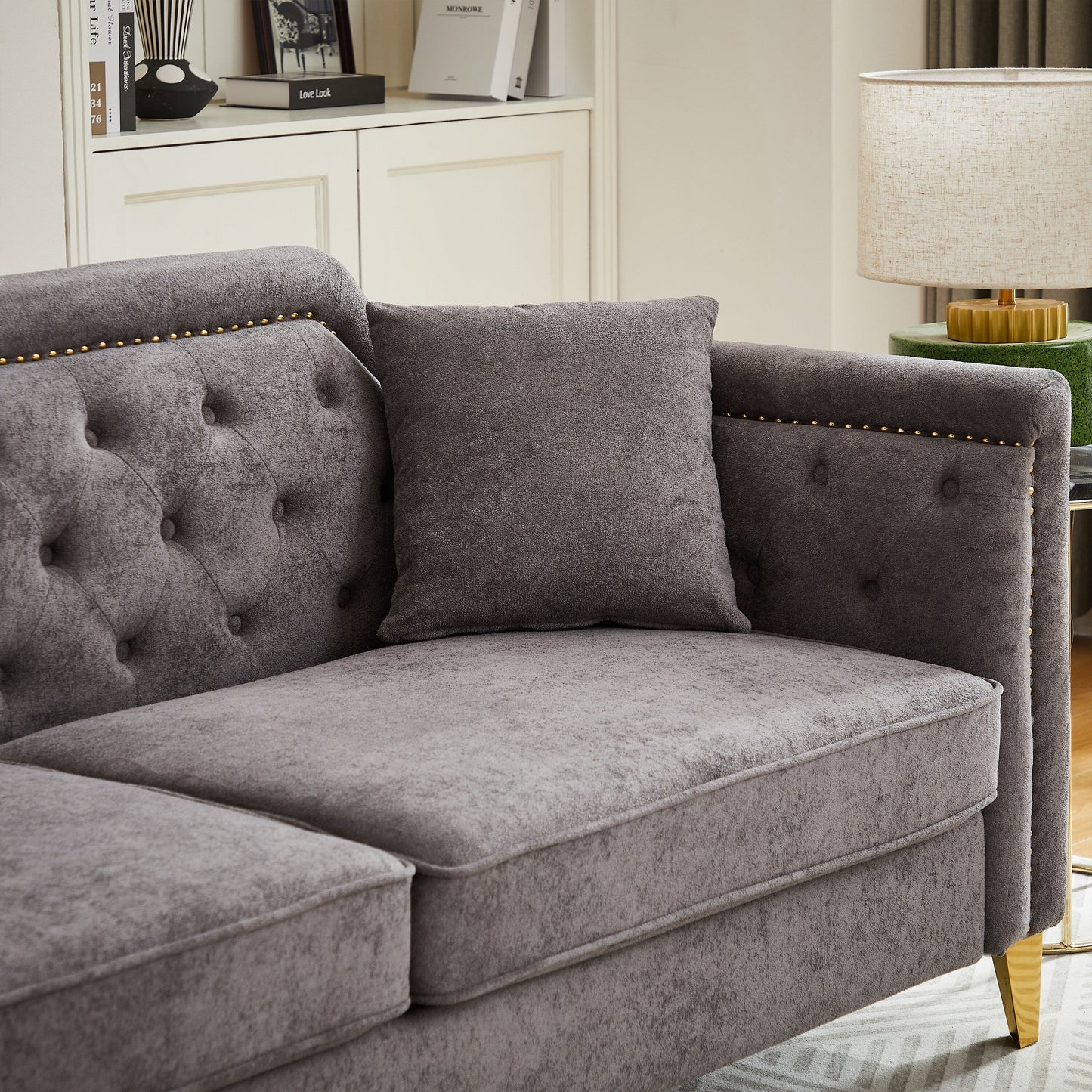 Grey Chenille 3-seater Tufted Sofa with Copper Nail Decoration