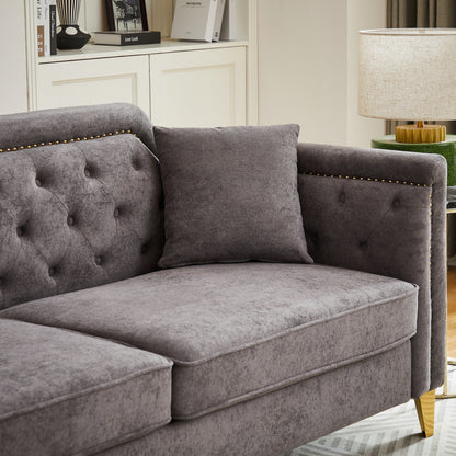 Grey Chenille 3-seater Tufted Sofa with Copper Nail Decoration