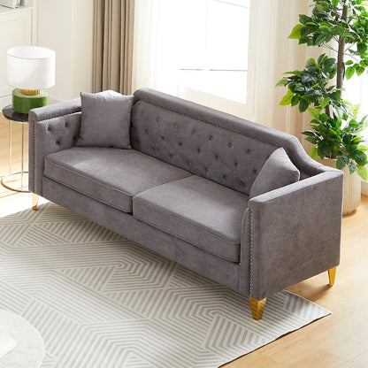 Grey Chenille 3-seater Tufted Sofa with Copper Nail Decoration