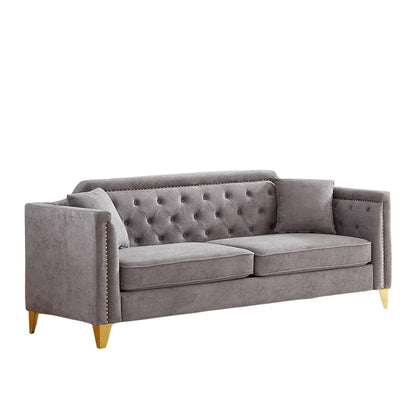 Grey Chenille 3-seater Tufted Sofa with Copper Nail Decoration