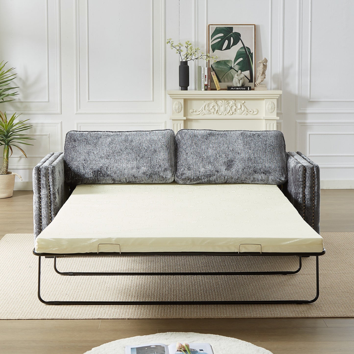 Grey Chenille Sleeper Sofa with Memory Foam Mattress
