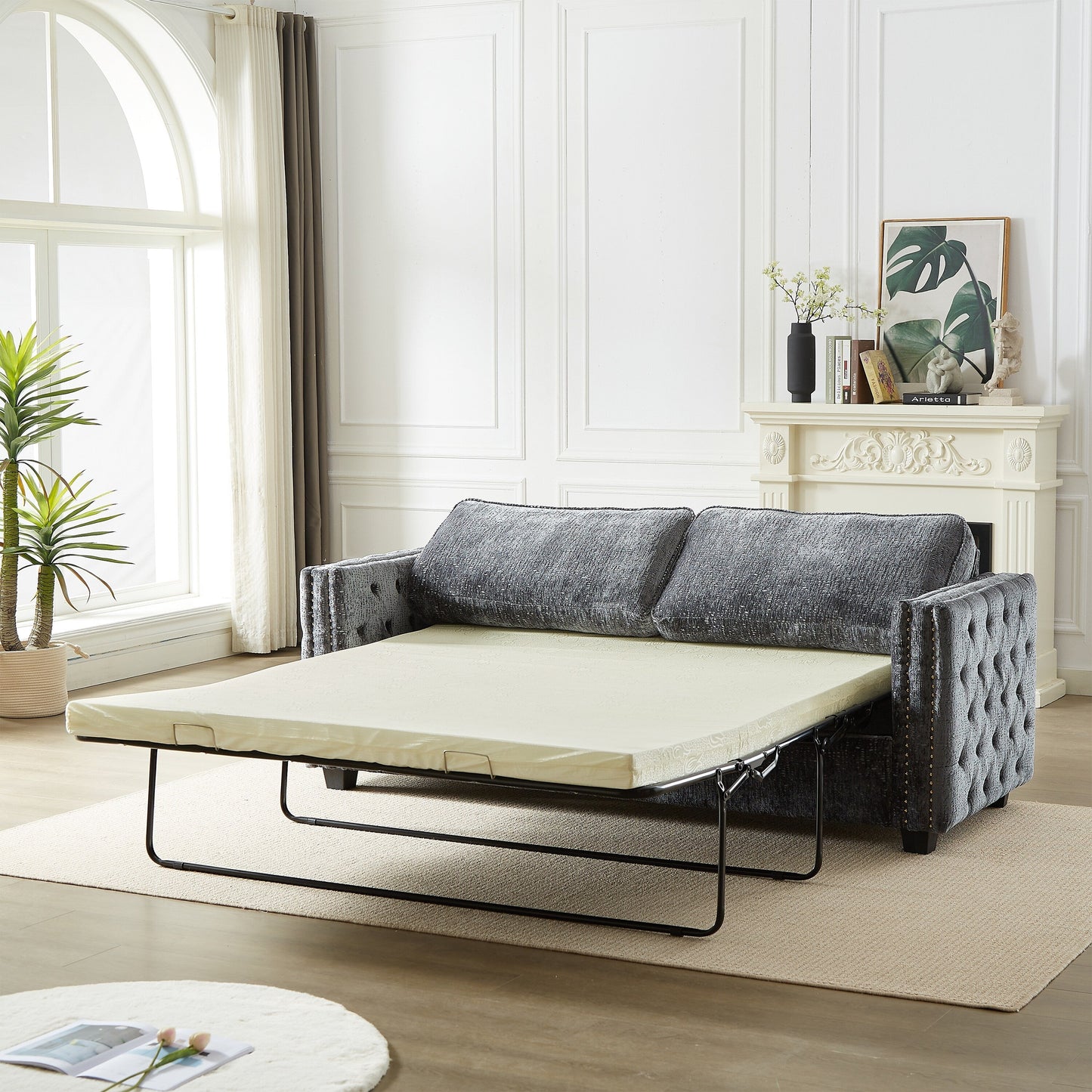 Grey Chenille Sleeper Sofa with Memory Foam Mattress