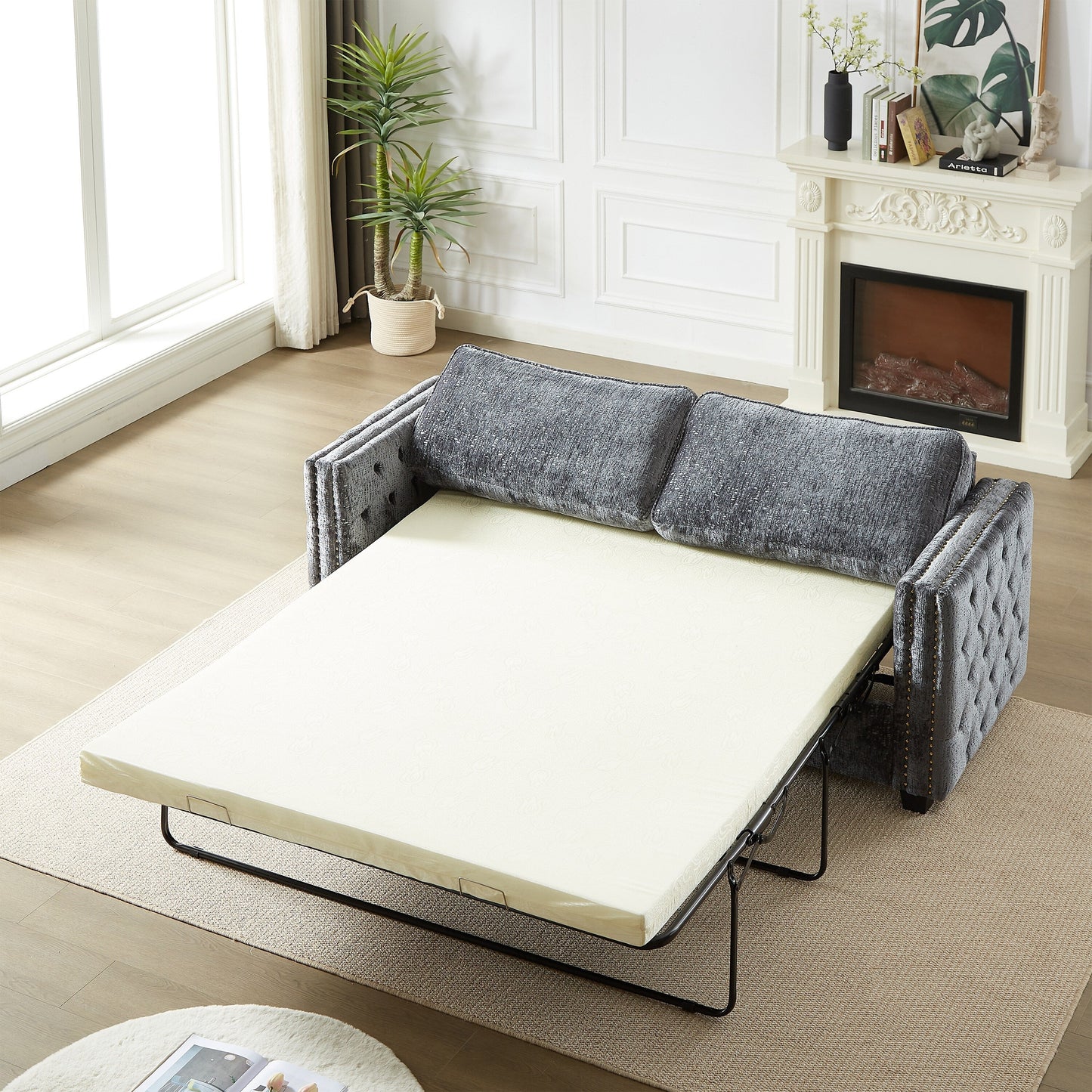 Grey Chenille Sleeper Sofa with Memory Foam Mattress