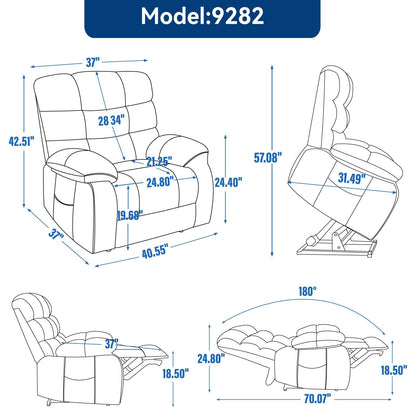Grey Chenille Upholstered Power Lift Massage Recliner with 8-Point Vibration Massage, Lumbar Heating, 180Â° Flat Lay