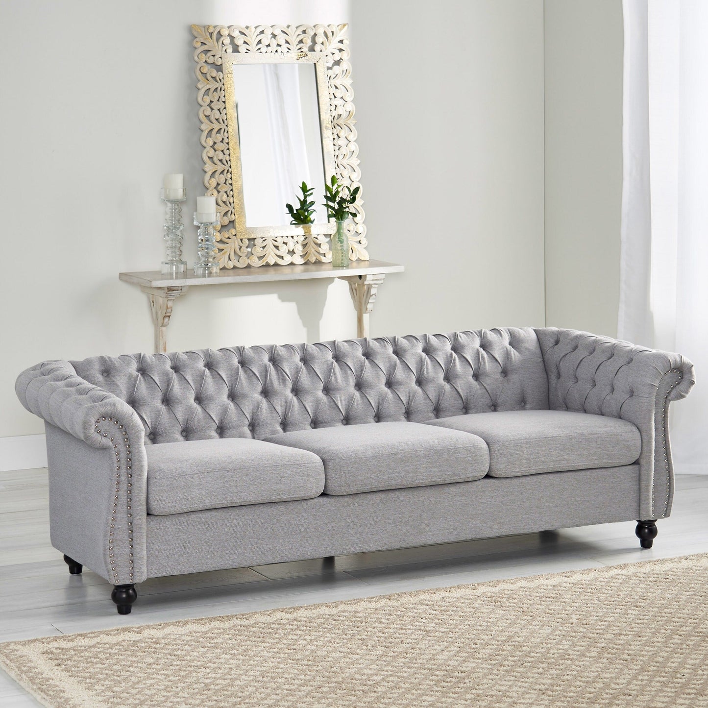 Grey Chesterfield 84.75 Button Tufted Upholstered 3-seater Sofa with Nailheads and Wood Legs