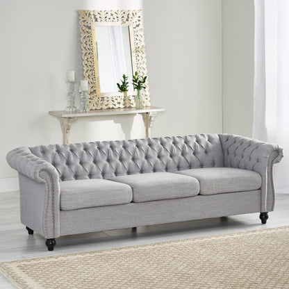Grey Chesterfield 84.75 Button Tufted Upholstered 3-seater Sofa with Nailheads and Wood Legs