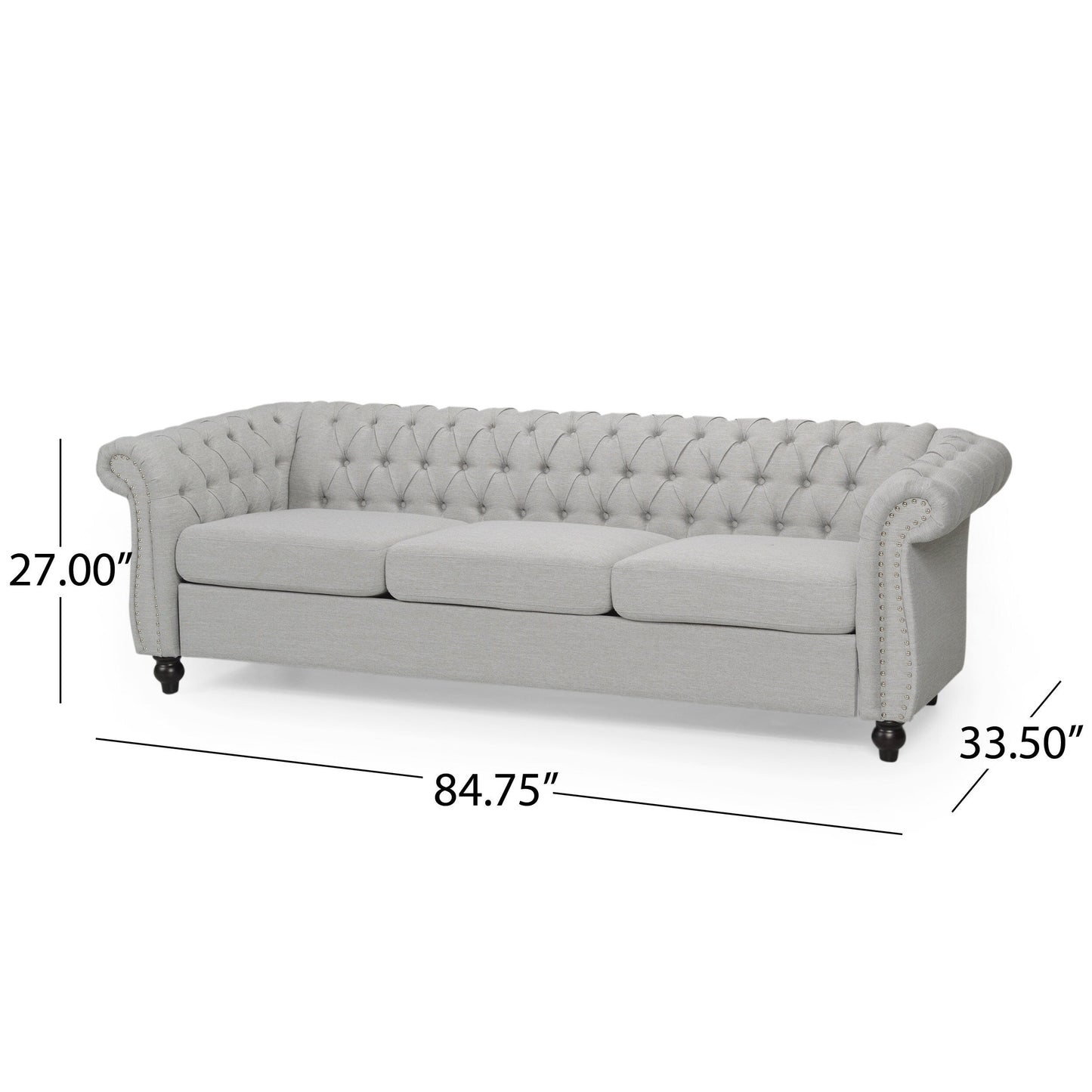Grey Chesterfield 84.75 Button Tufted Upholstered 3-seater Sofa with Nailheads and Wood Legs