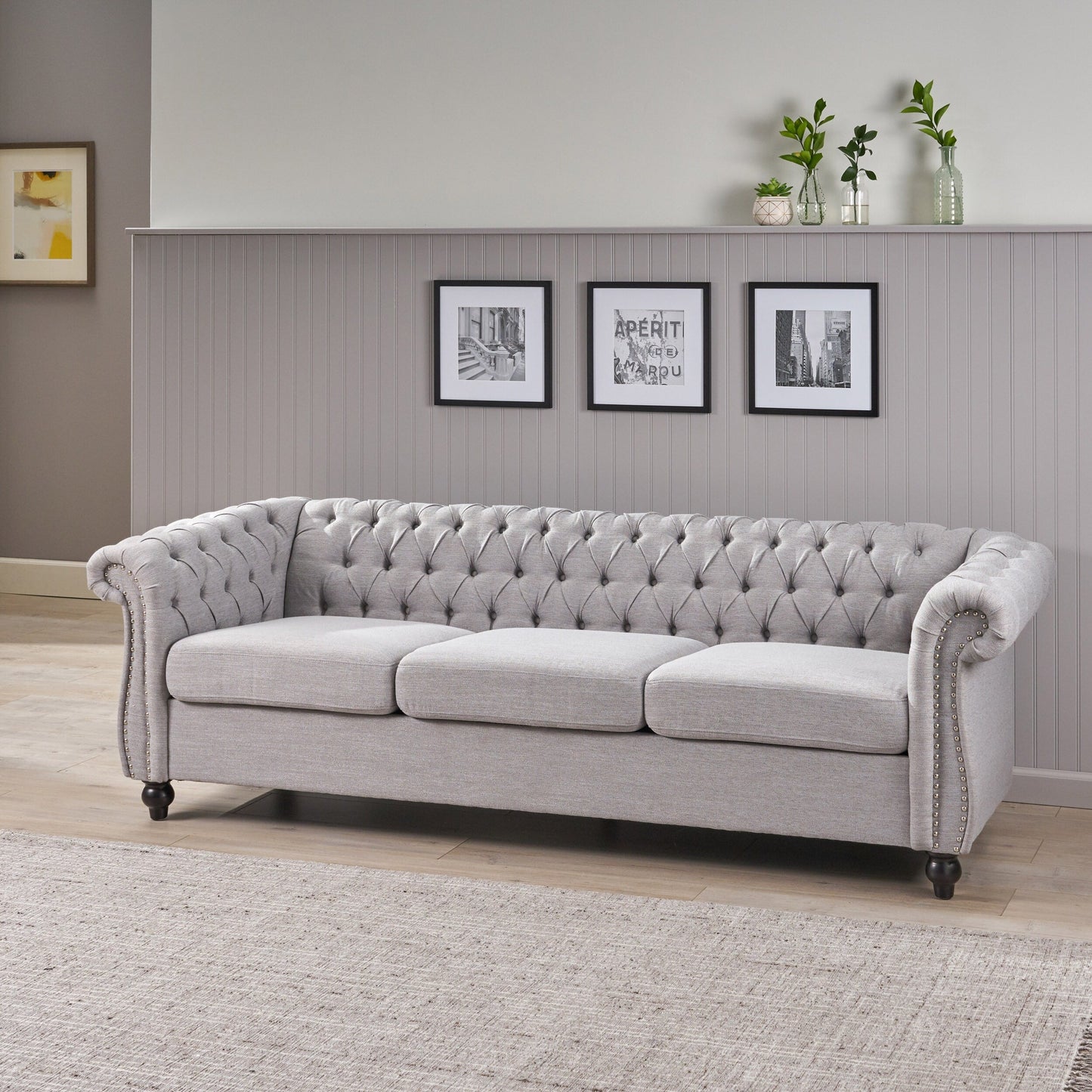 Grey Chesterfield 84.75 Button Tufted Upholstered 3-seater Sofa with Nailheads and Wood Legs