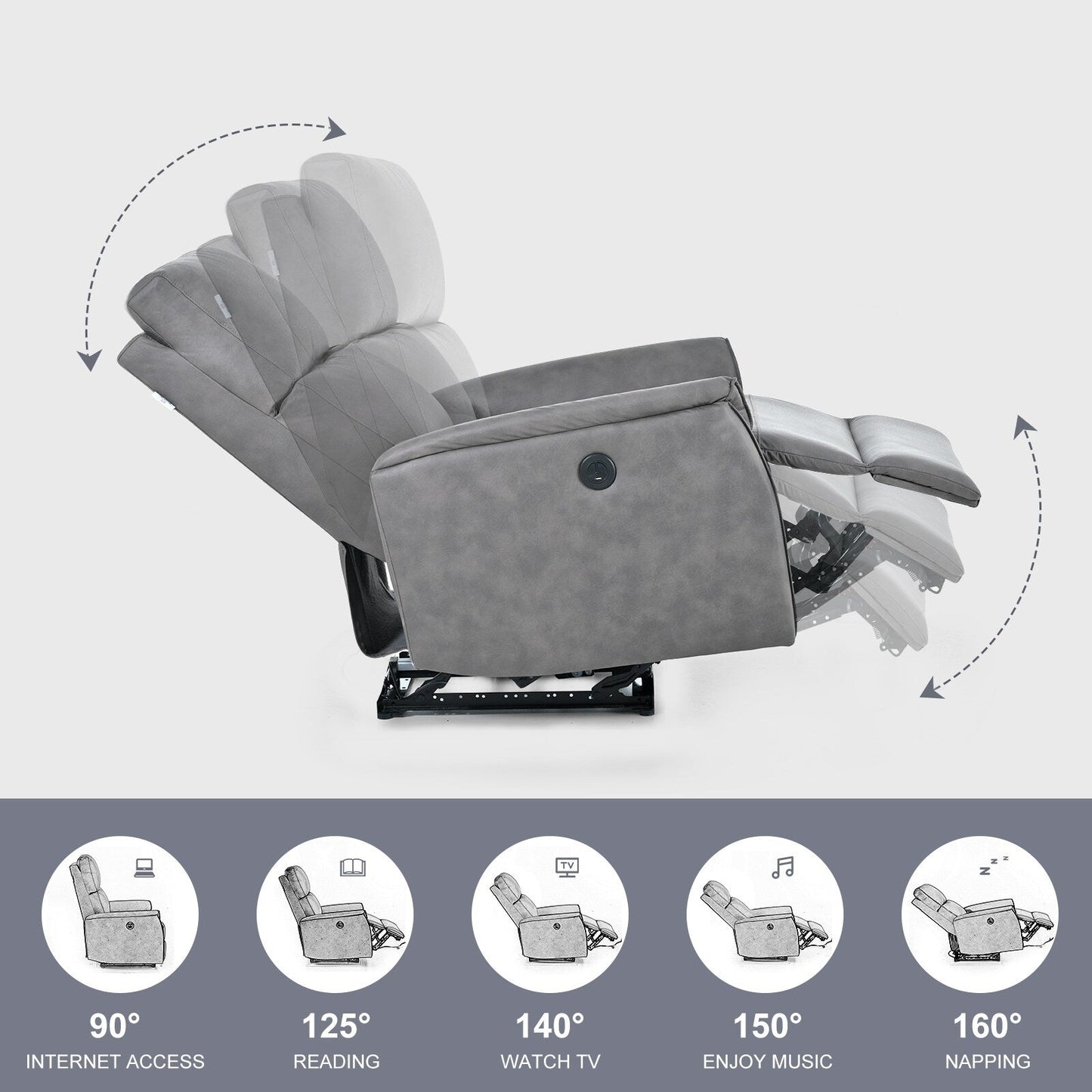 Grey Compact Electric Reclining Chair with USB Port, Side Control, and Cozy Backrest for Small Spaces