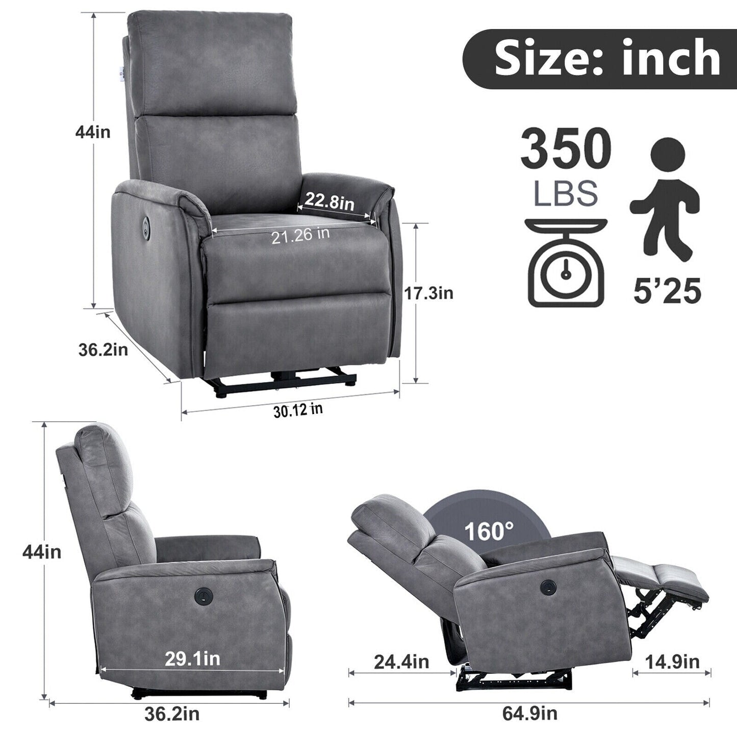 Grey Compact Electric Reclining Chair with USB Port, Side Control, and Cozy Backrest for Small Spaces