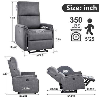 Grey Compact Electric Reclining Chair with USB Port, Side Control, and Cozy Backrest for Small Spaces