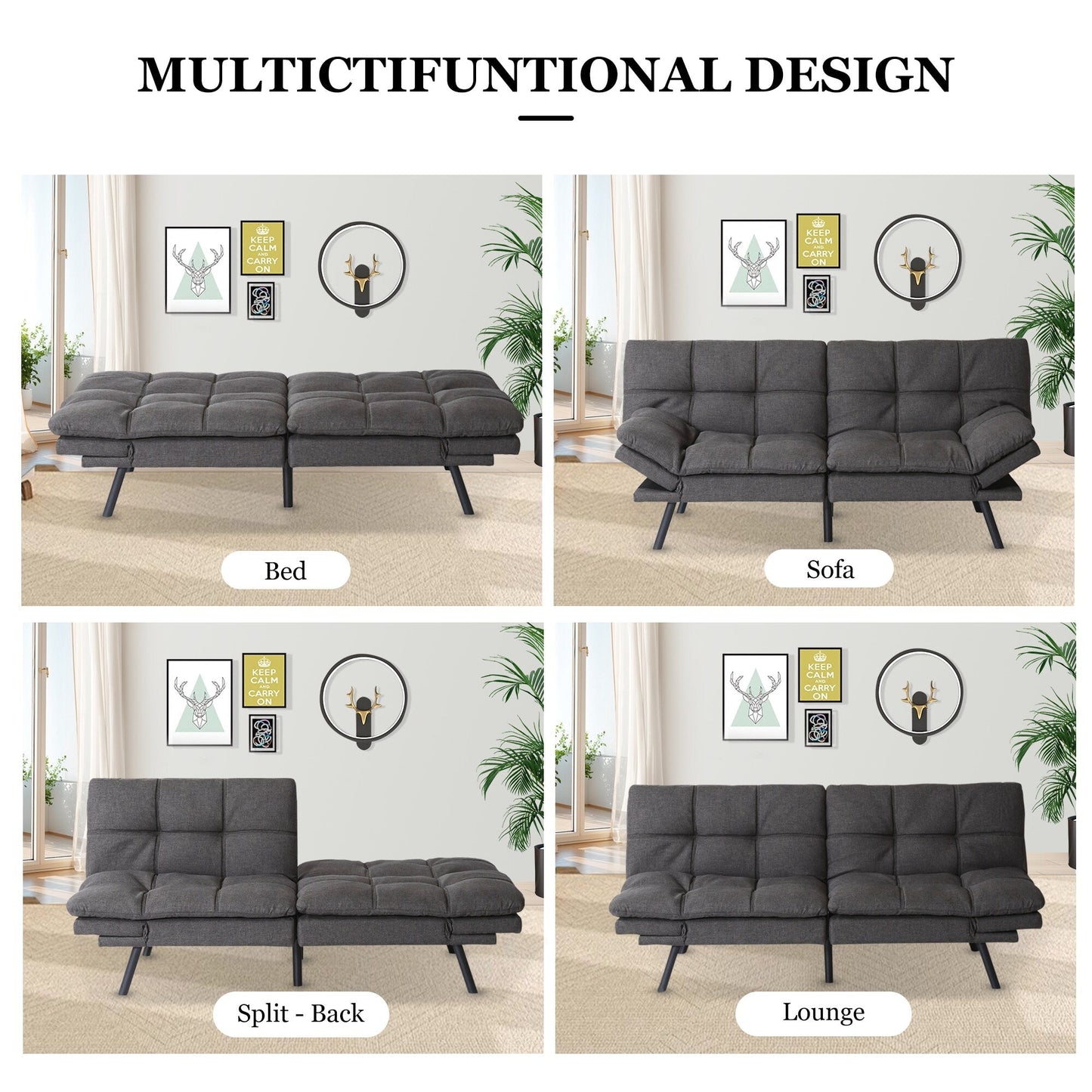 Grey Convertible Loveseat Sofa Bed with Adjustable Armrests