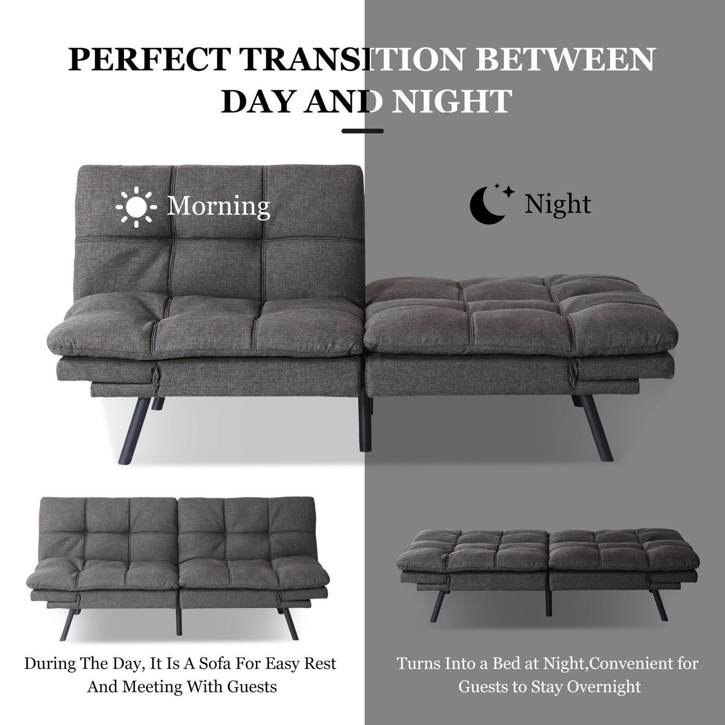 Grey Convertible Loveseat Sofa Bed with Adjustable Armrests