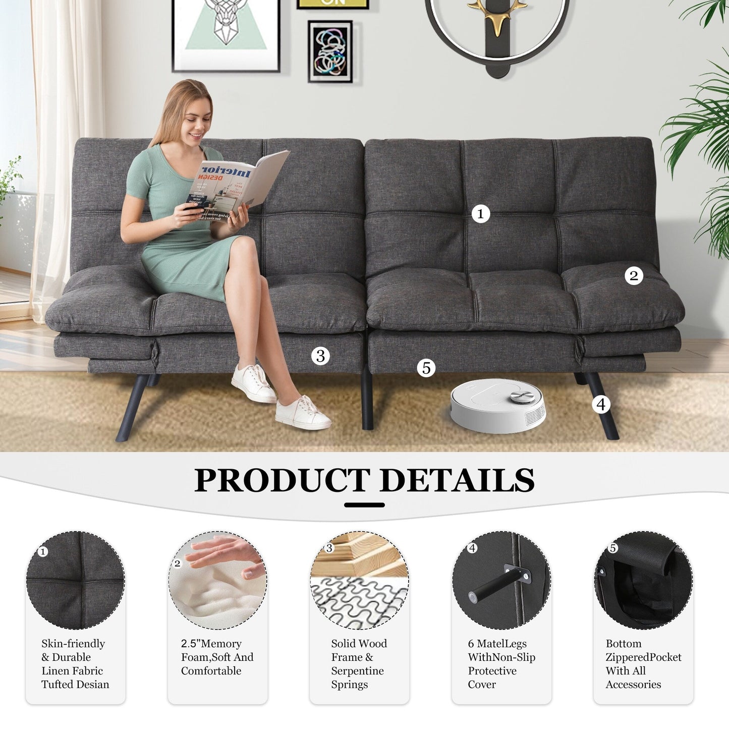 Grey Convertible Loveseat Sofa Bed with Adjustable Armrests