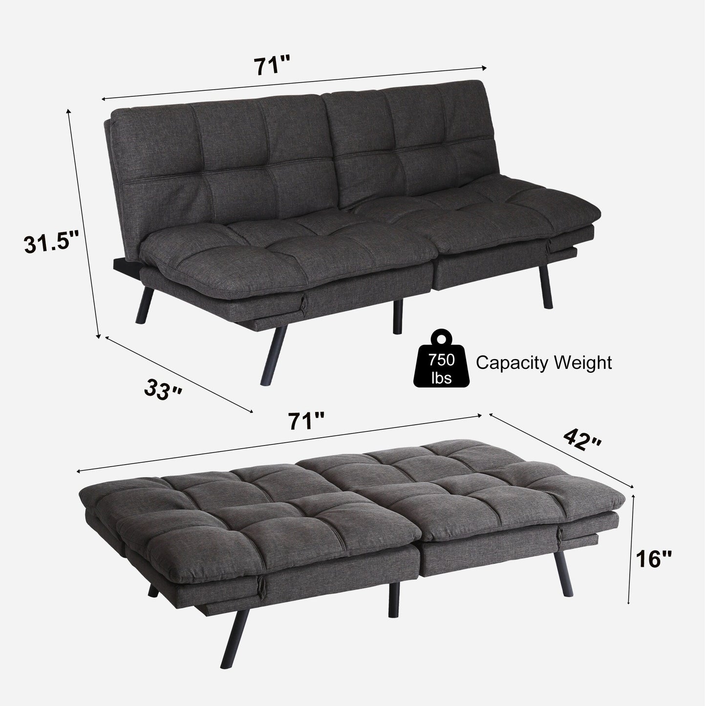 Grey Convertible Loveseat Sofa Bed with Adjustable Armrests