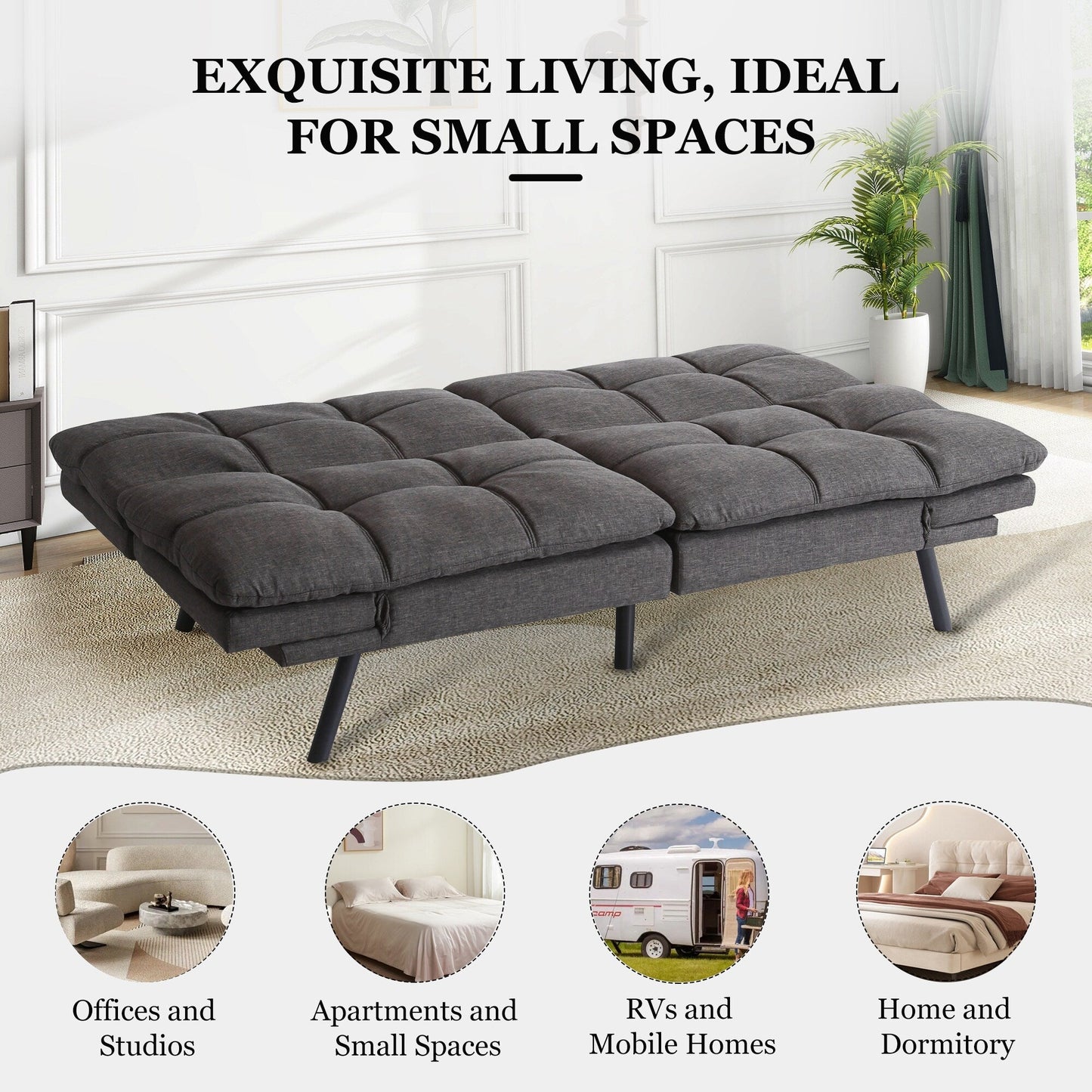 Grey Convertible Loveseat Sofa Bed with Adjustable Armrests