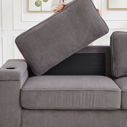 Grey Corduroy 3-seater Sofa with USB Ports and Cup Holders