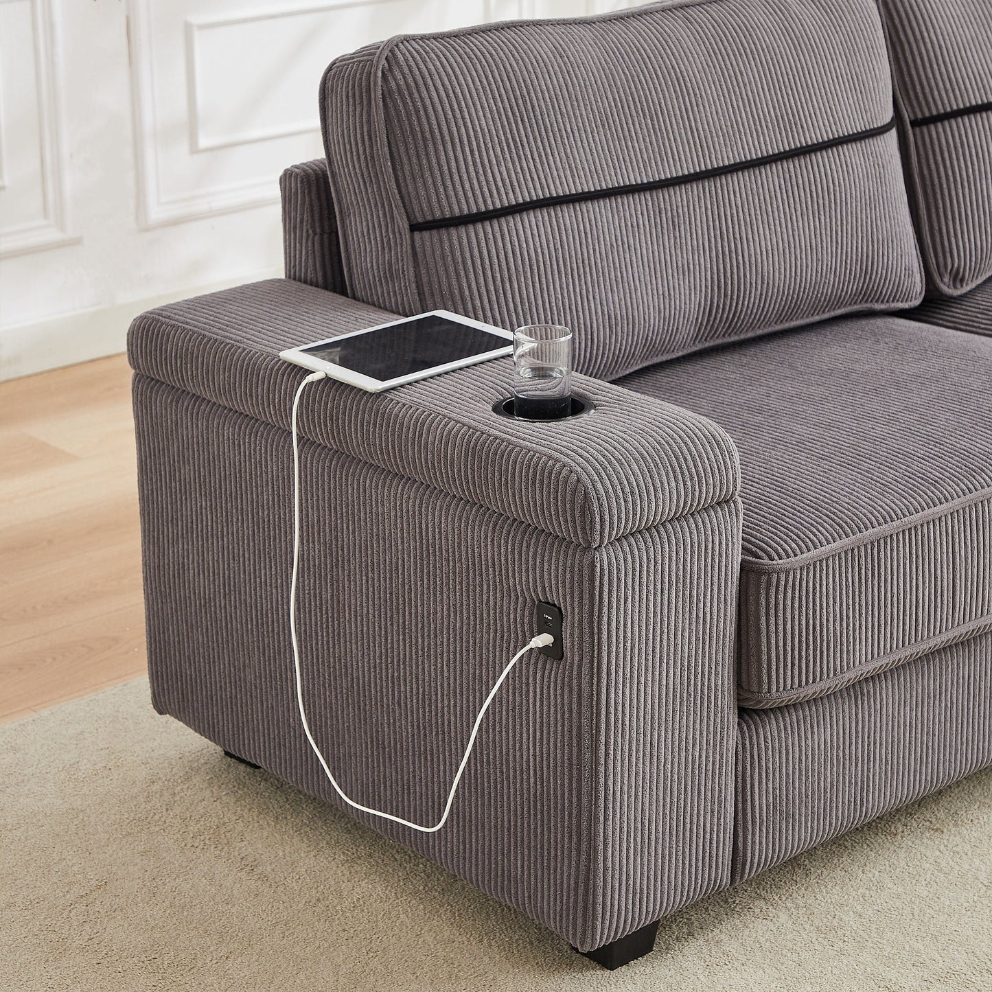 Grey Corduroy 3-seater Sofa with USB Ports and Cup Holders