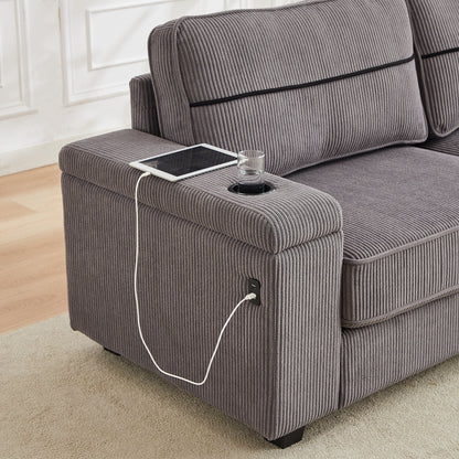 Grey Corduroy 3-seater Sofa with USB Ports and Cup Holders