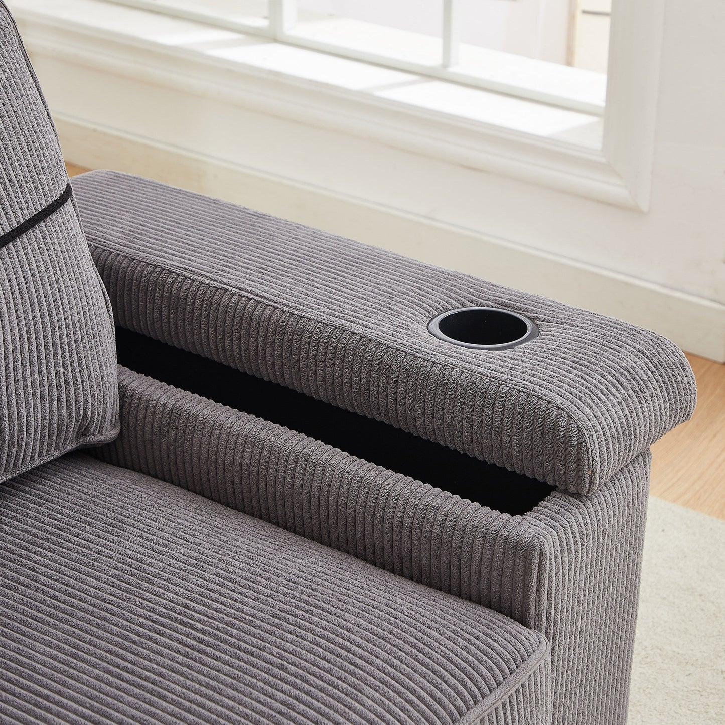 Grey Corduroy 3-seater Sofa with USB Ports and Cup Holders