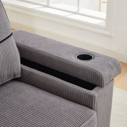 Grey Corduroy 3-seater Sofa with USB Ports and Cup Holders