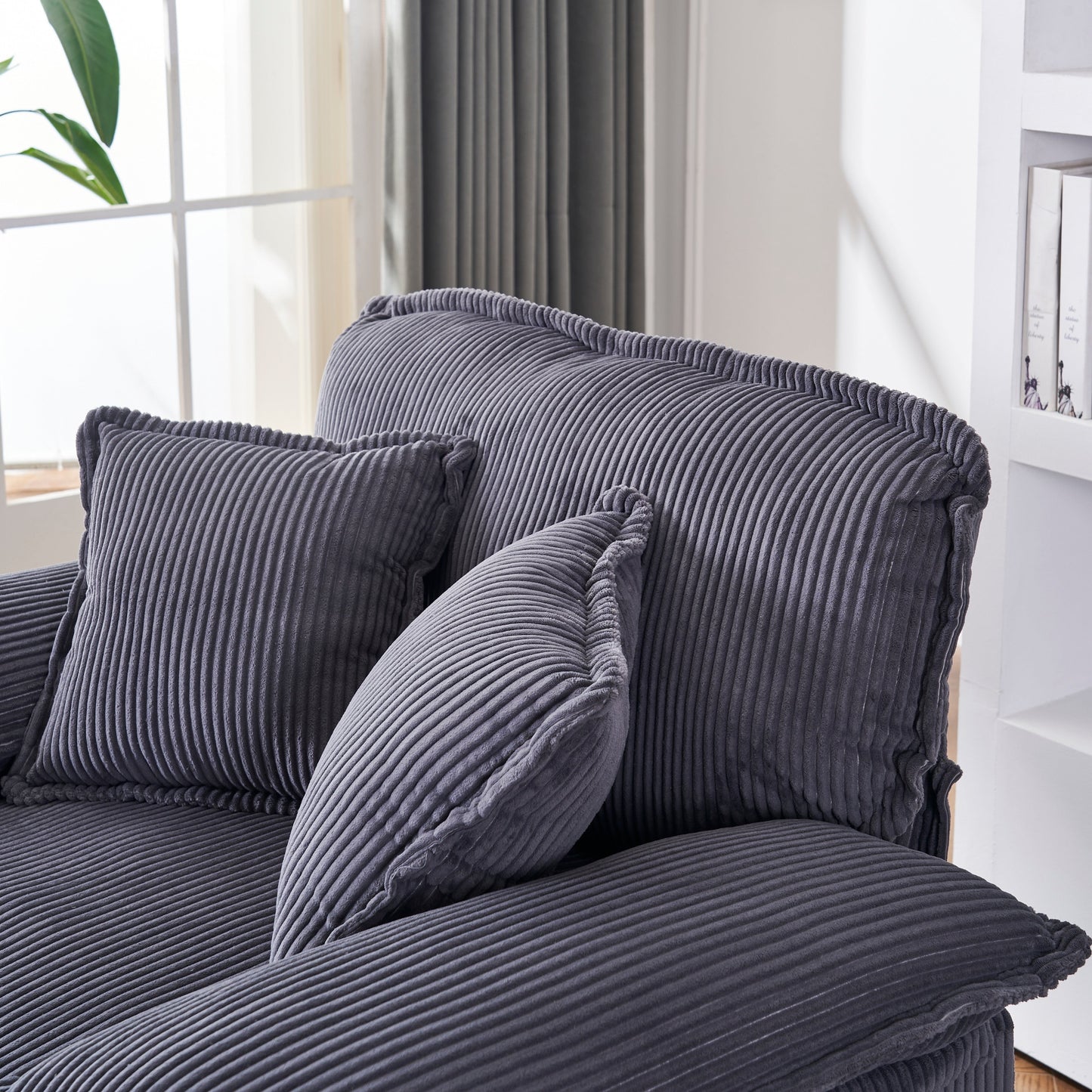 Grey Corduroy Single Deep Seat Sofa with Ottoman