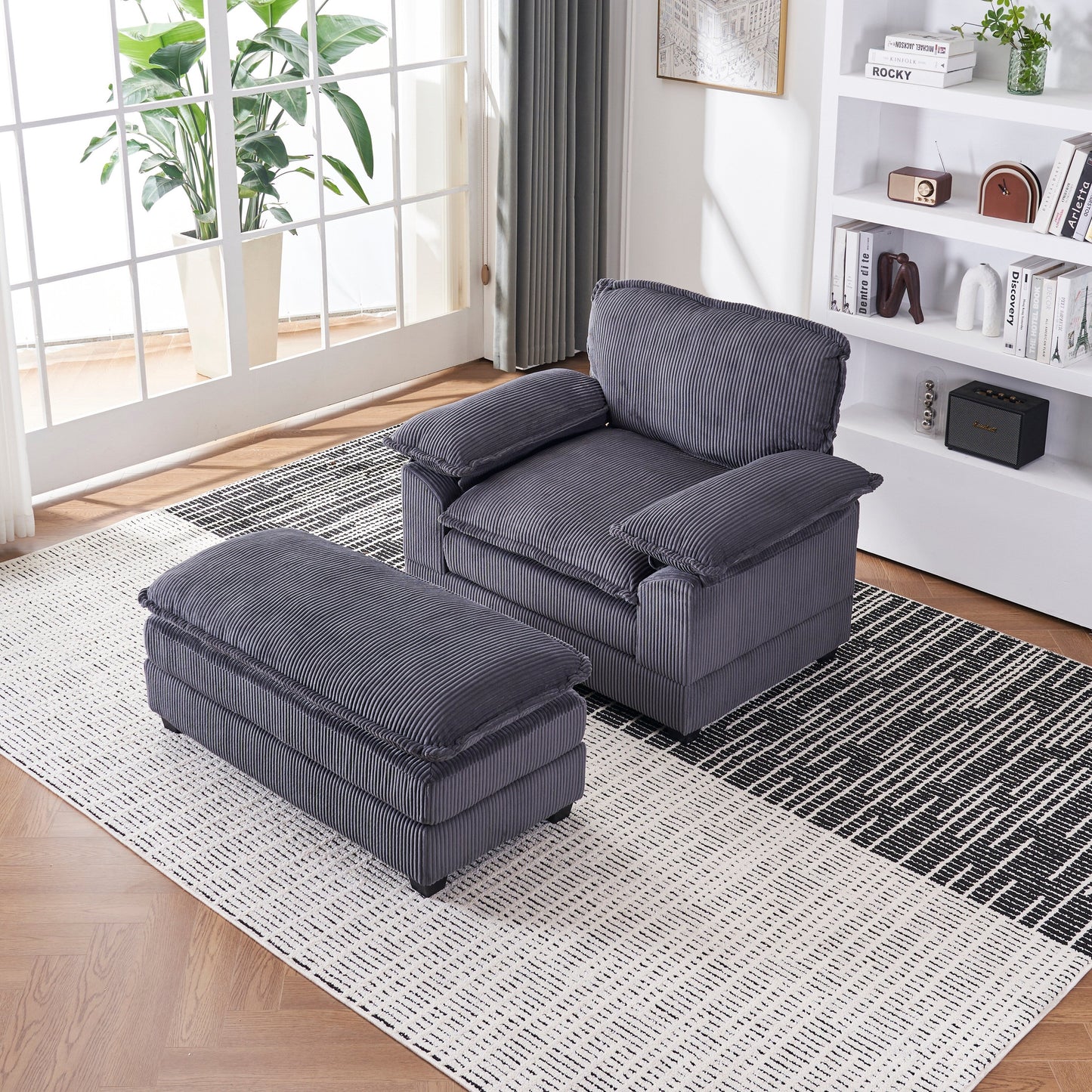 Grey Corduroy Single Deep Seat Sofa with Ottoman