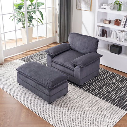 Grey Corduroy Single Deep Seat Sofa with Ottoman