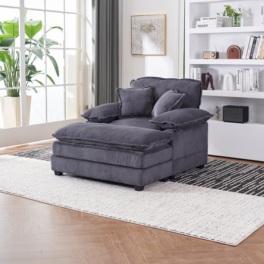 Grey Corduroy Single Deep Seat Sofa with Ottoman