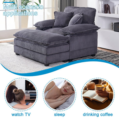Grey Corduroy Single Deep Seat Sofa with Ottoman