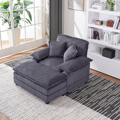 Grey Corduroy Single Deep Seat Sofa with Ottoman