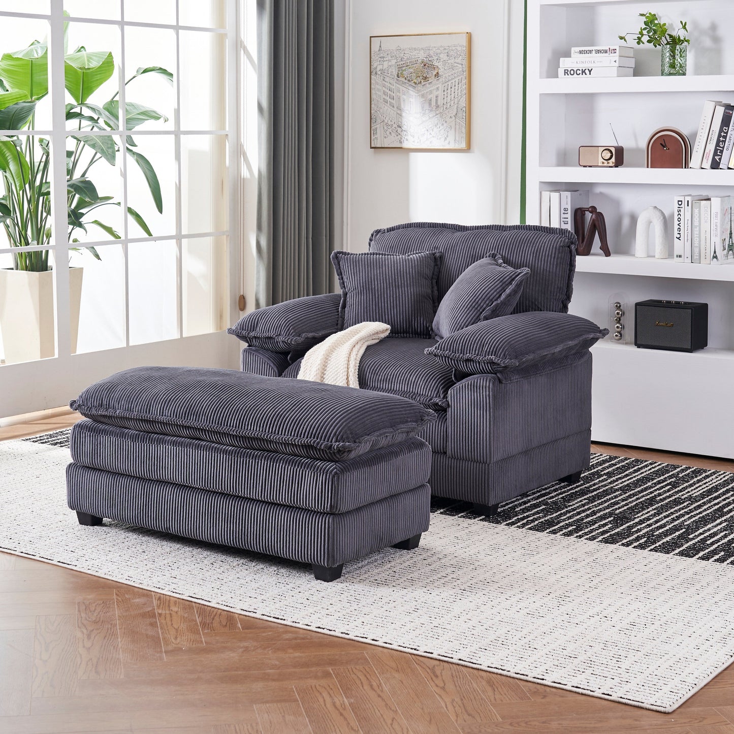 Grey Corduroy Single Deep Seat Sofa with Ottoman