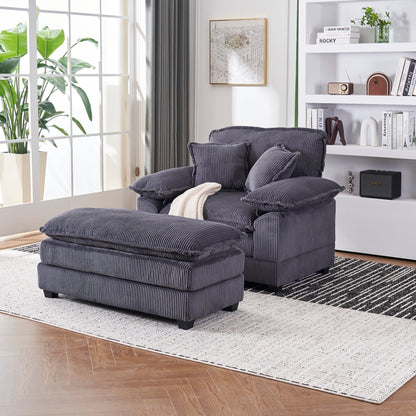 Grey Corduroy Single Deep Seat Sofa with Ottoman