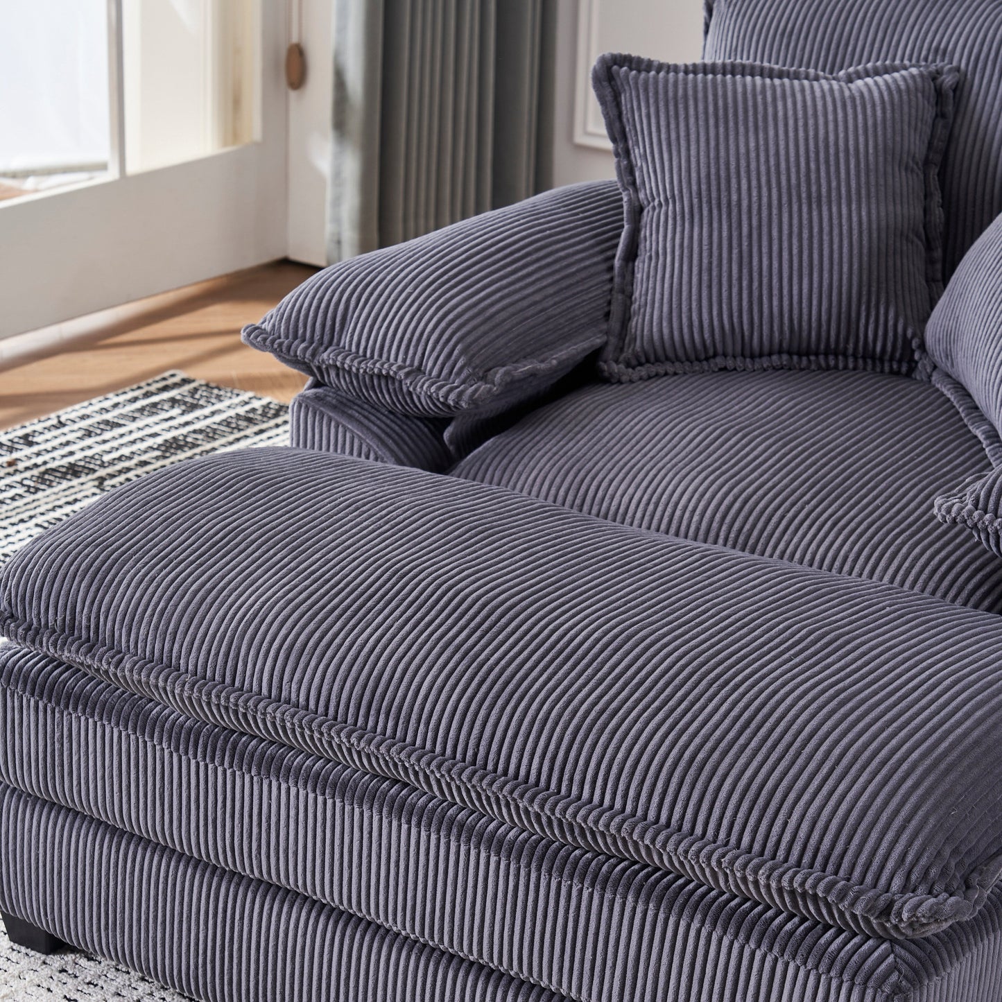 Grey Corduroy Single Deep Seat Sofa with Ottoman