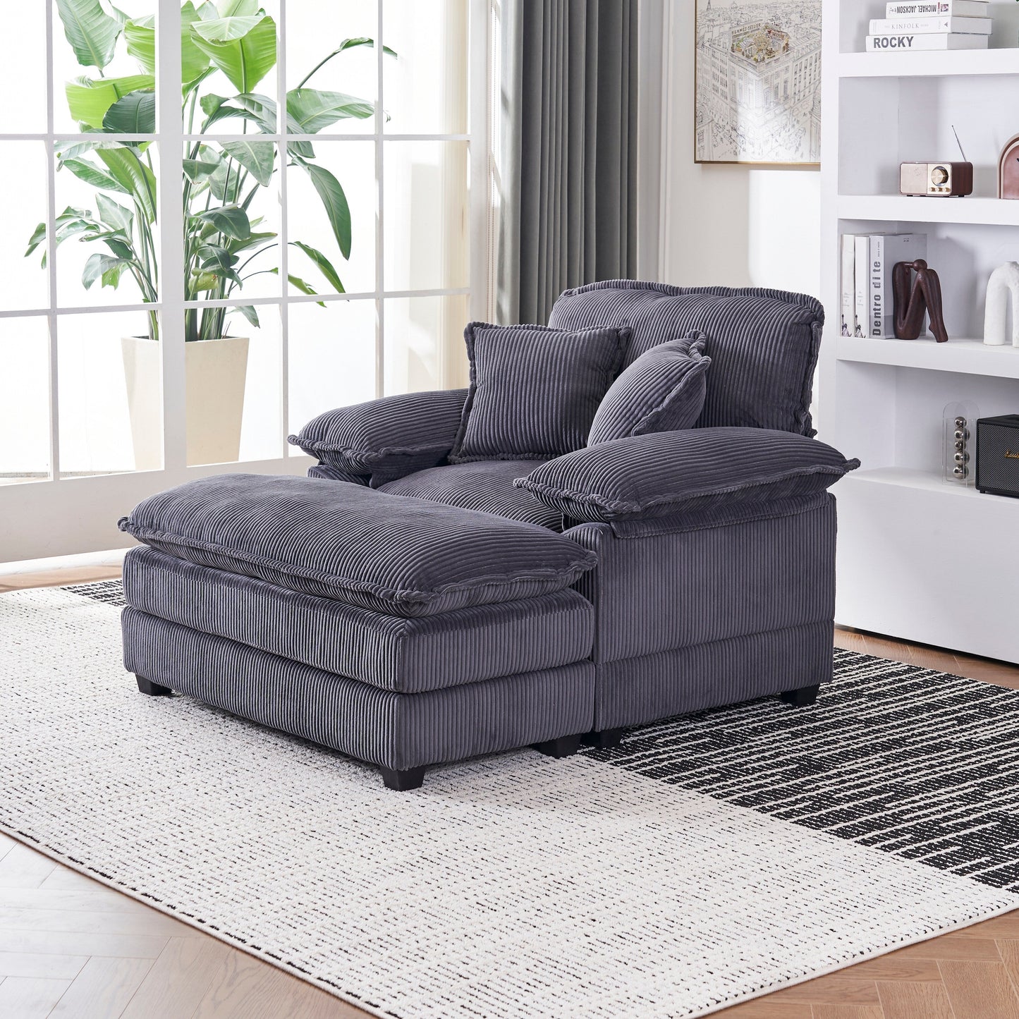 Grey Corduroy Single Deep Seat Sofa with Ottoman