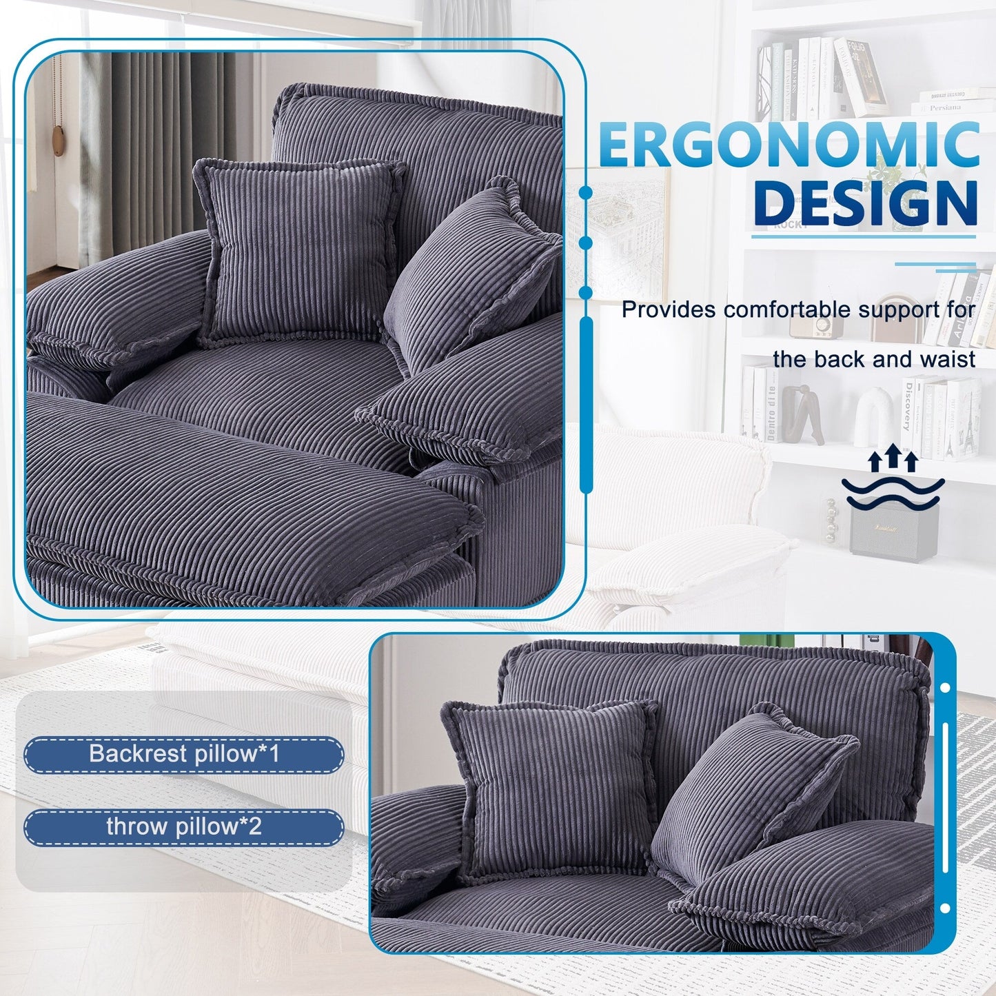 Grey Corduroy Single Deep Seat Sofa with Ottoman