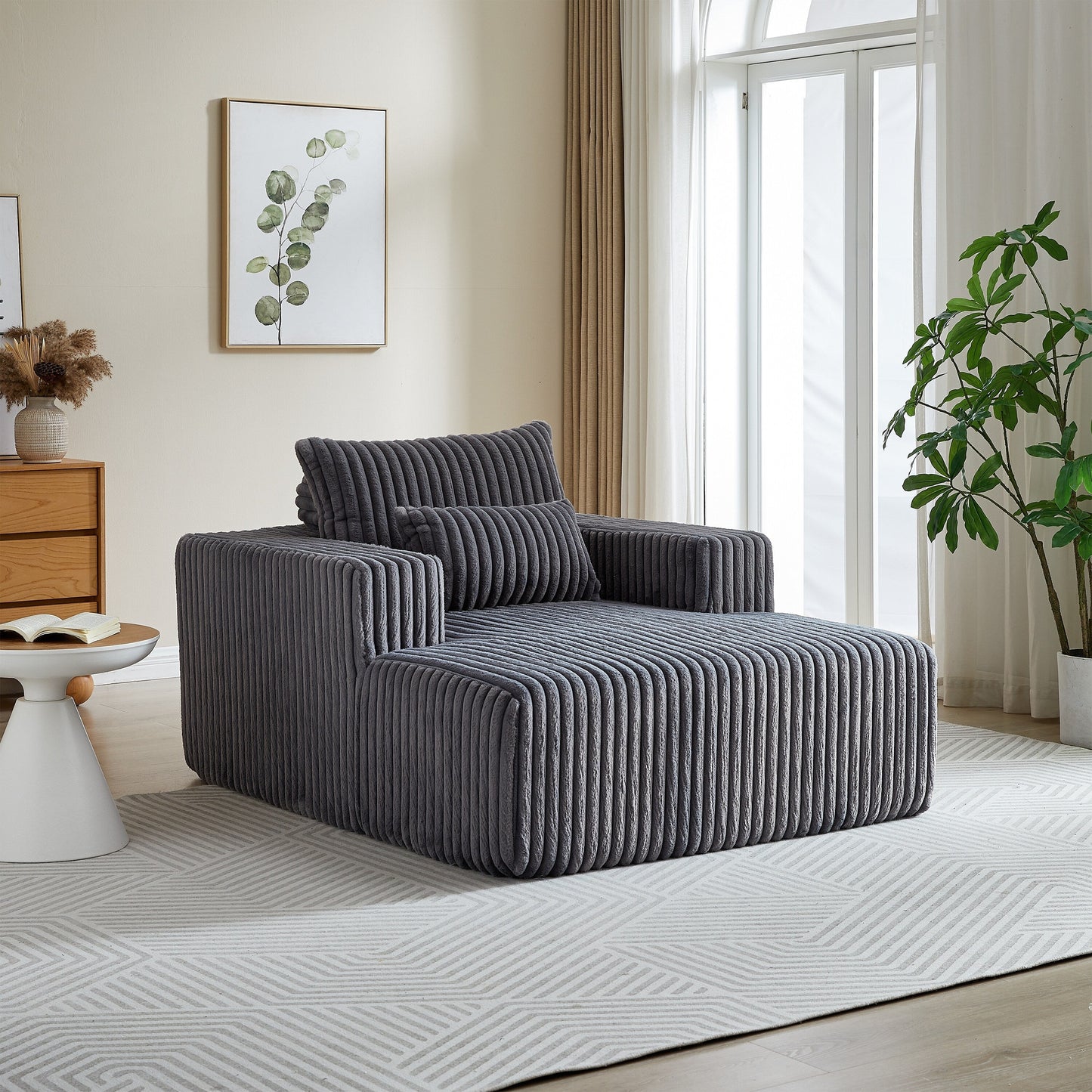 Grey Corduroy Sofa Lounge Chair with 2 Pillows