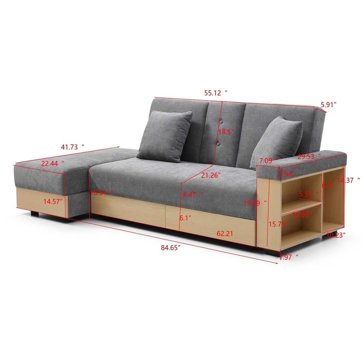 Grey Cotton Linen Convertible Sleeper Sofa with Storage