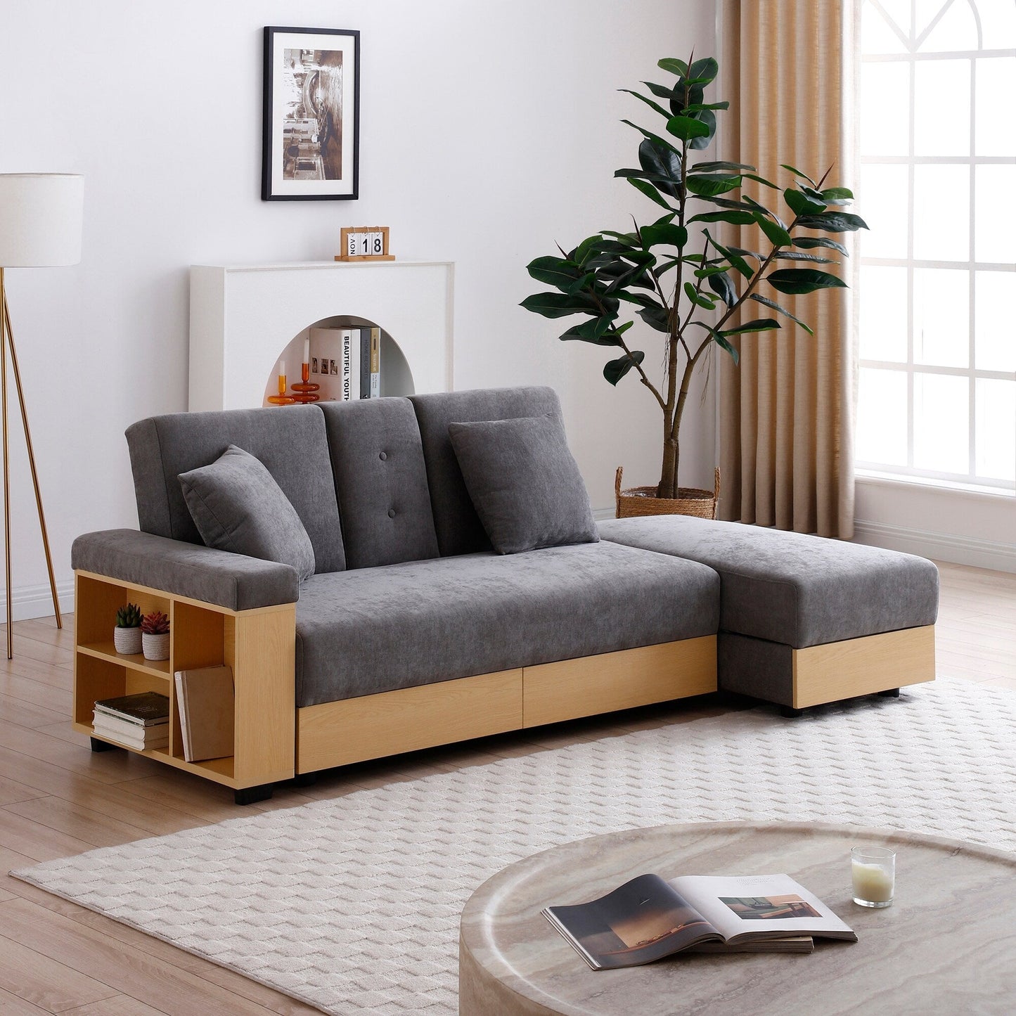 Grey Cotton Linen Convertible Sleeper Sofa with Storage