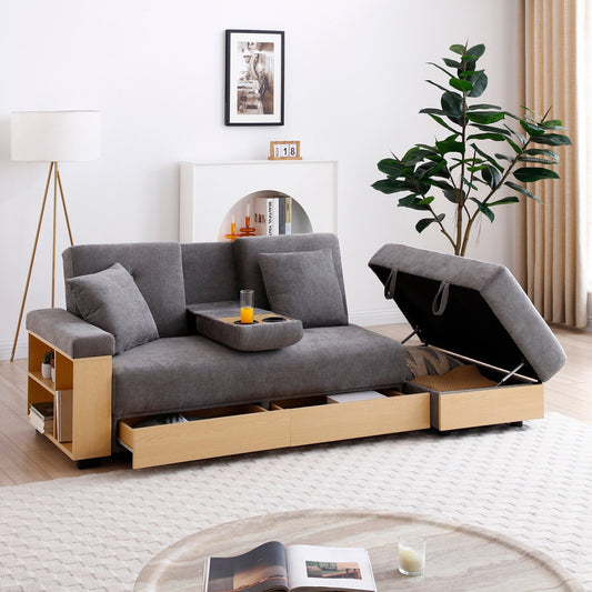Grey Cotton Linen Convertible Sleeper Sofa with Storage