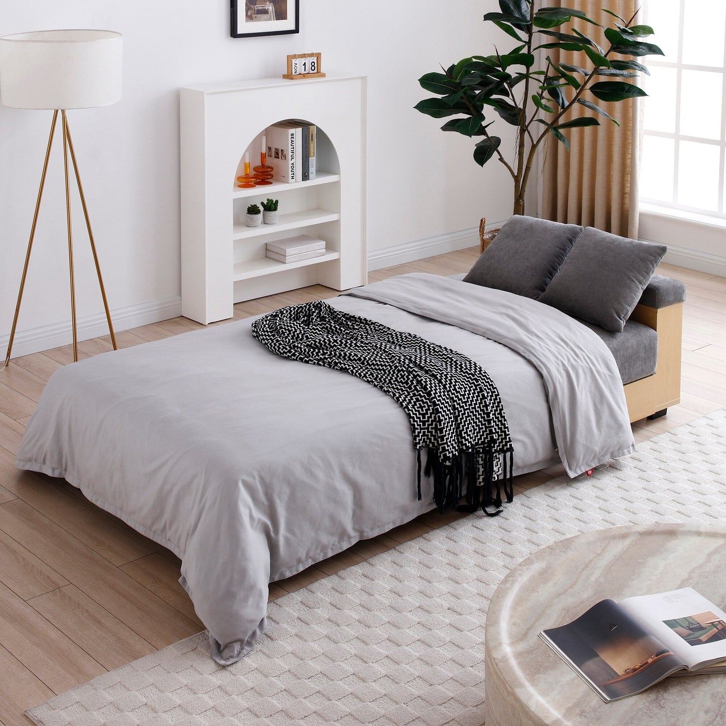 Grey Cotton Linen Convertible Sleeper Sofa with Storage