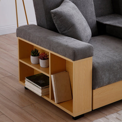 Grey Cotton Linen Convertible Sleeper Sofa with Storage