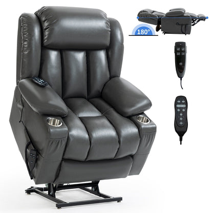 Grey Dual Motor Lift Recliner with 180° Recline, Lumbar Heat, Massage, Stainless Steel Cup Holders, and Side Storage Pockets