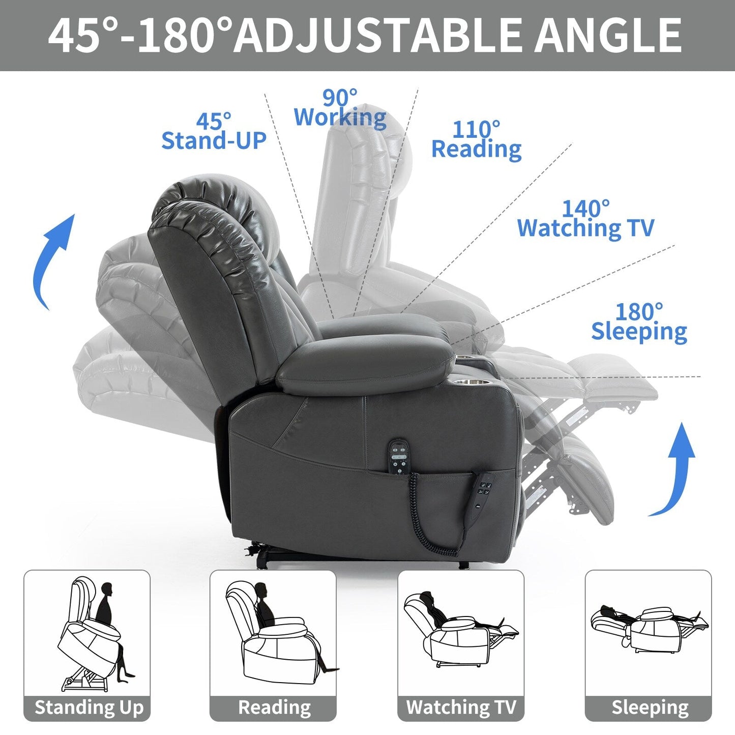 Grey Dual Motor Lift Recliner with 180° Recline, Lumbar Heat, Massage, Stainless Steel Cup Holders, and Side Storage Pockets