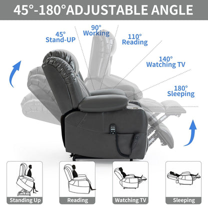 Grey Dual Motor Lift Recliner with 180° Recline, Lumbar Heat, Massage, Stainless Steel Cup Holders, and Side Storage Pockets