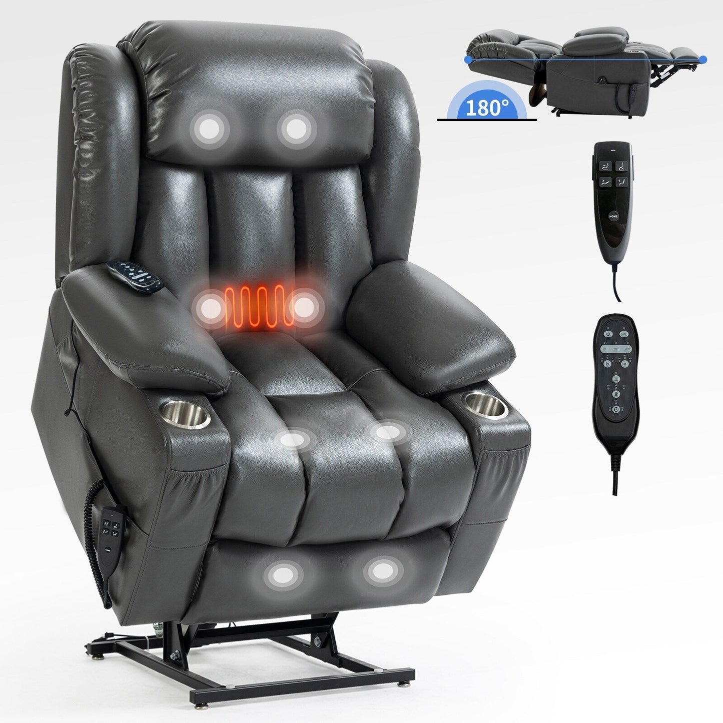 Grey Dual Motor Lift Recliner with 180° Recline, Lumbar Heat, Massage, Stainless Steel Cup Holders, and Side Storage Pockets