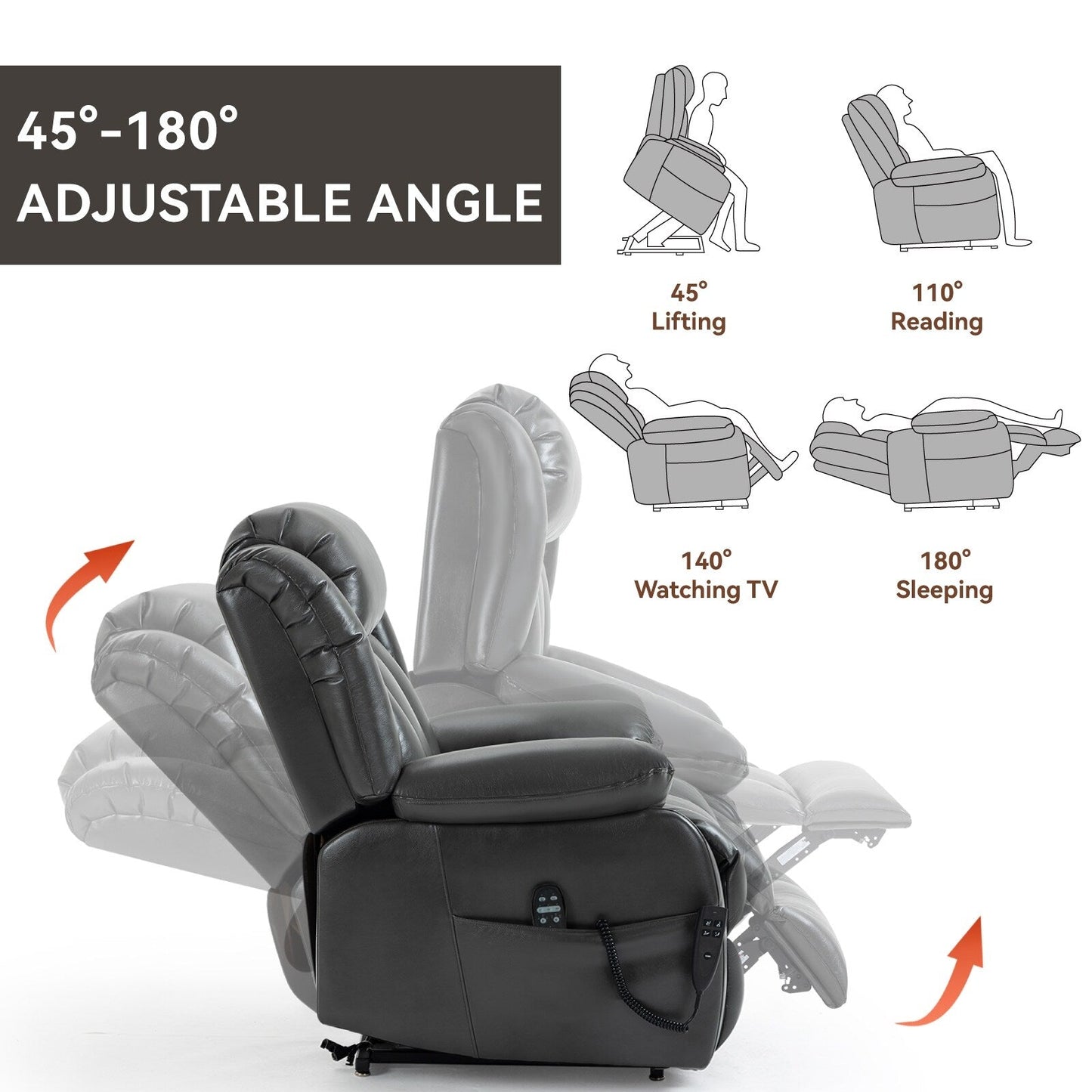 Grey Dual Motor Power Lift Recliner Chair with 180° Recline, 8-Point Vibration Massage, Lumbar Heating, and 350 LB Capacity